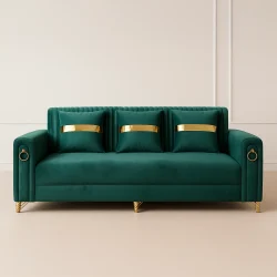 Art Deco Glam Velvet Sofa with Channel Tufting & Gold Accents