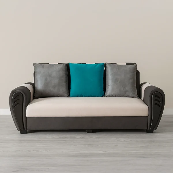 Velvet-Sofa: Modern 3-Seater Two-Tone Couch with Art Deco Sculpted Arms | Living Room Sofa
