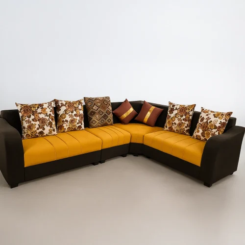 Modern Two Tone L-Shaped Sectional Sofa Mustard Yellow & Brown with Floral Pillows