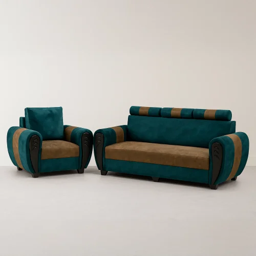 Regal Velvet Seating Set: Art Deco Inspired Teal and Brown Sofa with Armchair | 2-Piece Set