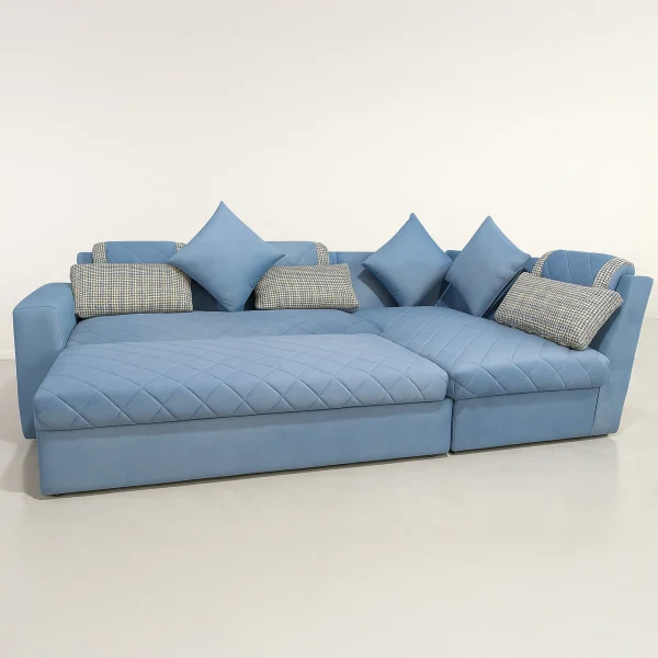 Tufted Lounge Sky Blue Sofa: Convertible L-Shaped Sectional with Pull-Out Sleeper Bed & Pillows