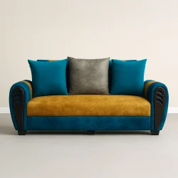 Velvet-Sofa: Modern 3-Seater Two-Tone Couch with Art Deco Sculpted Arms | Living Room Sofa