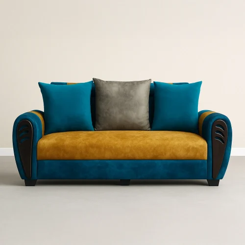 Velvet-Sofa: Modern 3-Seater Two-Tone Couch with Art Deco Sculpted Arms | Living Room Sofa