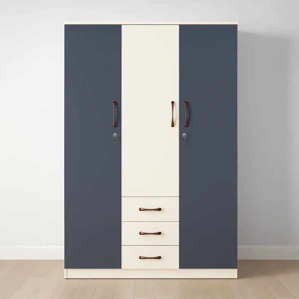 Bristol Modern 3-Door Wardrobe with Drawers | Two-Tone Bedroom Almirah with Lock