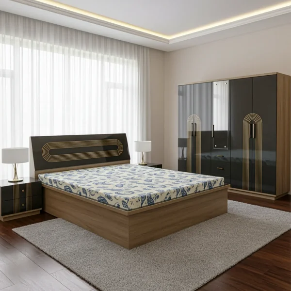 Apollo Art Deco Bedroom Set | High-Gloss Black & Gold with Storage Bed and 4-Door Wardrobe