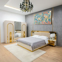 Arcadia Art Deco Glam Bedroom Suite | Upholstered Storage Bed & 6-Door Mirrored Wardrobe