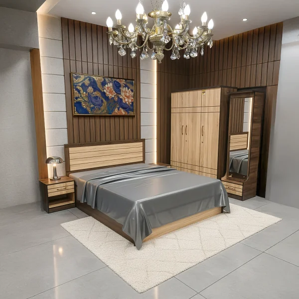 Aspen Modern Two-Tone Bedroom Furniture Set | 4-Piece Suite with Slatted Headboard Bed