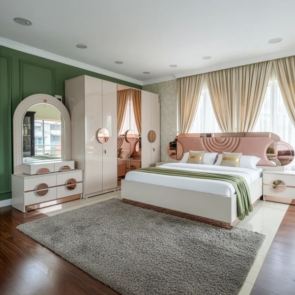 Athena Art Deco Glam Bedroom Suite | Rose Gold Accents, Upholstered Bed & 5-Door Wardrobe