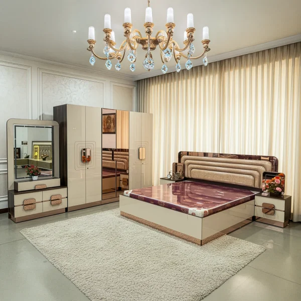 Aura Luxury Modern Bedroom Suite | High-Gloss Finish with Rose Gold Accents & Upholstered Bed