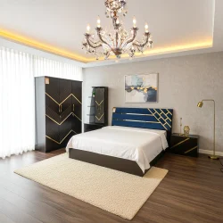 Caspian Art Deco Bedroom Suite | Upholstered Bed with Gold Accents & 4-Door Wardrobe