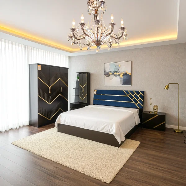 Caspian Art Deco Bedroom Suite | Upholstered Bed with Gold Accents & 4-Door Wardrobe