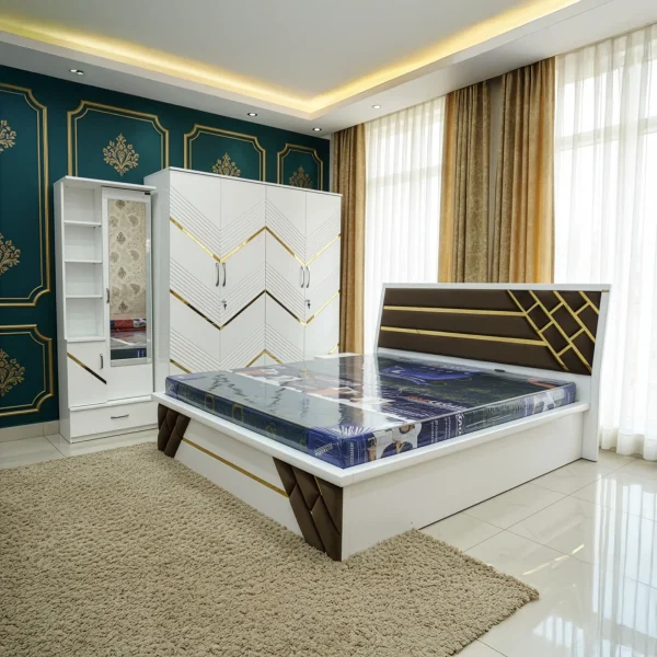 Elysian Modern Glam Bedroom Set | Upholstered Storage Bed & Chevron Wardrobe in White & Gold