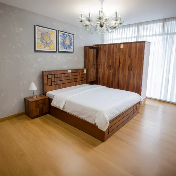 Hadley Modern Wooden Bedroom Set | 4-Piece Suite with Grid-Pattern Bed & 4-Door Wardrobe