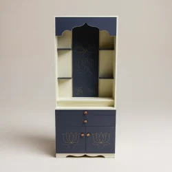 Aadhya Modern Pooja Mandir for Home | Two-Tone Navy & Ivory Temple with Lotus & Om Artwork