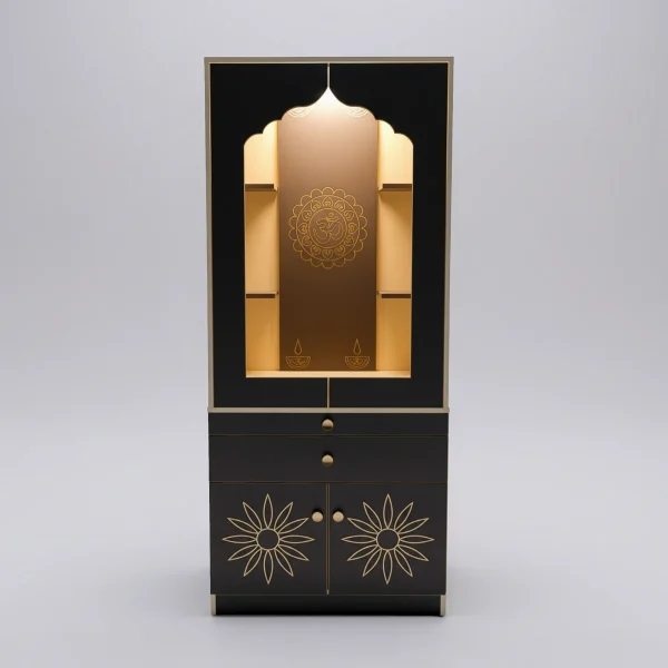 Tejas Luxury Art Deco Pooja Mandir | Black & Gold Temple with LED Light & Storage
