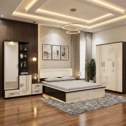 Aurelia Modern Cream & Walnut Bedroom Suite with Bed, Wardrobe, Dressing Table & Bedside Table