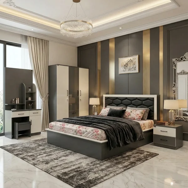 Elara Modern Grey & White Bedroom Suite with Bed, Wardrobe, Dressing Table & Bedside Table