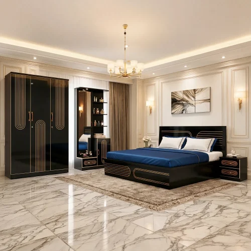 Noirva Art Deco Black & Gold Bedroom Suite | Bed, Wardrobe, Dressing Table & Bedside Table