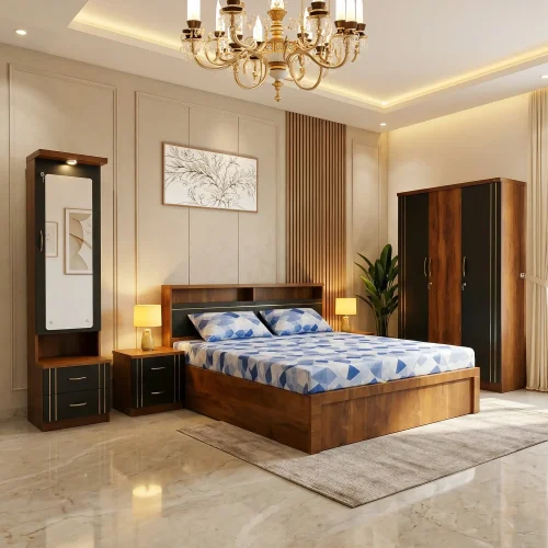 Averon Modern Walnut & Black Bedroom Suite with Bed, Wardrobe, Dressing Table & Bedside Table