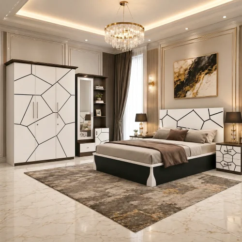 Delta Modern White & Black Bedroom Suite with Bed, Wardrobe, Dressing Table & Bedside Table