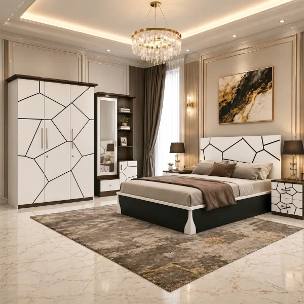 Delta Modern White & Black Bedroom Suite with Bed, Wardrobe, Dressing Table & Bedside Table