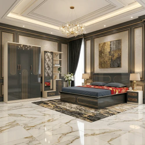 Imperia Luxury Black & Gold Bedroom Suite with Bed, Wardrobe, Dressing Table & Bedside Table