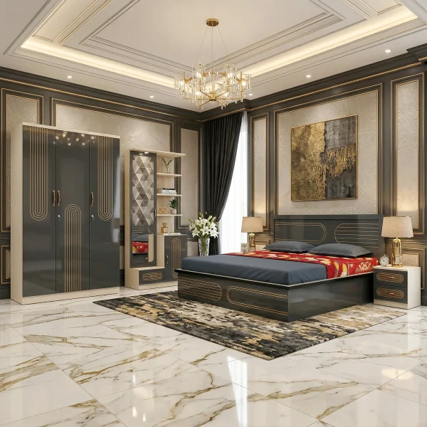 Imperia Luxury Black & Gold Bedroom Suite with Bed, Wardrobe, Dressing Table & Bedside Table